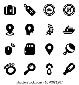 Solid vector icon set - suitcase vector, medical label, no bike road sign, parking even, map pin, head bulb, golden branch, cruiser, mouse wireless, micro flash card, navigation, beanbag