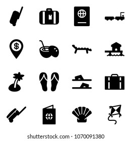 Solid vector icon set - suitcase vector, passport, baggage truck, dollar pin, coconut cocktail, lounger, bungalow, palm, flip flops, shell, kite