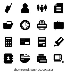 Solid vector icon set - suitcase vector, user, group, document, folder, time, printer, case, calculator, envelope, agreement, highlight marker, contact book, hotel, sea, monoblock pc