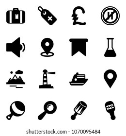 Solid vector icon set - suitcase vector, medical label, pound, no parking even road sign, low volume, map pin, flag, flask, mountains, lighthouse, cruiser, navigation, beanbag