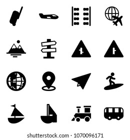 Solid vector icon set - suitcase vector, small plane, seats, globe, mountains, road signpost sign, intersection, map pin, paper, surfing, sailboat toy, train, bus