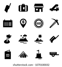 Solid vector icon set - suitcase vector, duty free, trap truck, schedule, dollar pin, customs road sign, job, palm, mountains, pyramid, passport, tent, sand castle, trailer