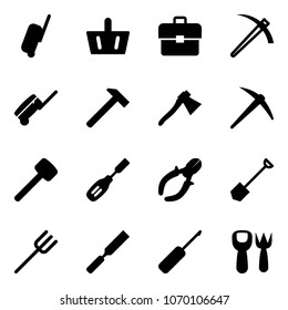 Solid vector icon set - suitcase vector, basket, portfolio, job, hammer, axe, rubber, chisel, side cutters, shovel, farm fork, rasp, awl, toy
