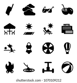 Solid vector icon set - suitcase vector, clouds, sunglasses, coconut cocktail, outdoor cafe, mat, beach, sea hotel, palm, swimsuit, parasol, air balloon, fire, fishing, gyroscope, ball