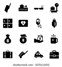 Solid vector icon set - suitcase vector, baggage, truck, scales, room, first aid kit, drop counter, money bag, investment, green tea, car, case