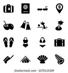 Solid vector icon set - suitcase vector, passport, baggage truck, dollar pin, coconut cocktail, flippers, palm, flip flops, swimsuit, tent, shell