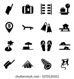 Solid vector icon set - suitcase vector, plane seats, baggage scales, dollar pin, lounger, flippers, bungalow, palm, inflatable pool, flip flops, tent, shell, kite