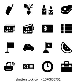 Solid vector icon set - suitcase vector, holly, candle, meat, credit card, menu, flag, car, watermelone, printer wireless, projector, clock, tool box