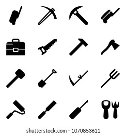 Solid vector icon set - suitcase vector, job, rock axe, case, saw, hammer, rubber, shovel, scythe, farm fork, paint roller, rasp, awl, toy