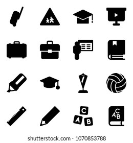 Solid vector icon set - suitcase vector, children road sign, graduate hat, presentation board, case, portfolio, book, highlight marker, pennant, volleyball, ruler, pencil, abc cube