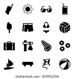 Solid vector icon set - suitcase vector, sun, sunglasses, drink, ice cream, swimsuit, volleyball, ship bell, shell, flower, windsurfing, skateboard, kite, beach ball