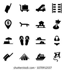 Solid vector icon set - suitcase vector, baggage, trap truck, plane seats, dollar pin, lounger, bungalow, palm, inflatable pool, flip flops, swimsuit, tent, cruiser, kite