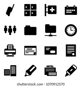 Solid vector icon set - suitcase vector, baggage room, first aid, schedule, group, folder, network, time, printer, envelope, agreement, building, highlight marker, sea hotel