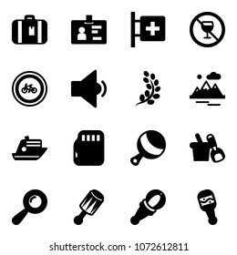 Solid vector icon set - suitcase vector, identity, first aid room, no alcohol sign, bike road, low volume, golden branch, mountains, cruiser, micro flash card, beanbag, shovel bucket