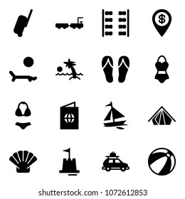 Solid vector icon set - suitcase vector, baggage truck, plane seats, dollar pin, lounger, palm, flip flops, swimsuit, passport, sail boat, tent, shell, sand castle, car, beach ball