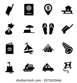 Solid vector icon set - suitcase vector, passport, dollar pin, bungalow, palm, inflatable pool, flip flops, sail boat, tent, shell, sand castle, cruiser, car baggage, kite