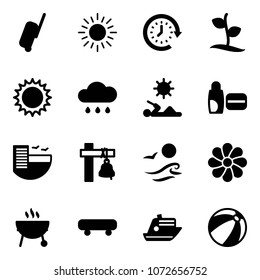 Solid vector icon set - suitcase vector, sun, clock around, sproute, rain cloud, reading, uv cream, hotel, ship bell, waves, flower, grill, skateboard, cruiser, beach ball