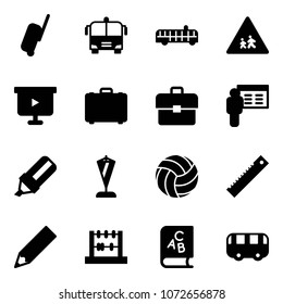 Solid vector icon set - suitcase vector, airport bus, children road sign, presentation board, case, portfolio, highlight marker, pennant, volleyball, ruler, pencil, abacus, abc book, toy