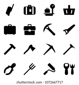 Solid vector icon set - suitcase vector, baggage scales, basket, case, portfolio, rock axe, saw, hammer, mason, side cutters, farm fork, paint roller, shovel toy