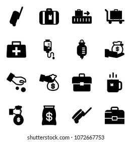 Solid vector icon set - suitcase vector, baggage, doctor bag, drop counter, investment, encashment, portfolio, green tea, rich, money, case