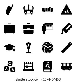 Solid vector icon set - suitcase vector, airport bus, children road sign, case, portfolio, presentation, highlight marker, graduate hat, pennant, volleyball, ruler, abc cube, abacus, book, toy