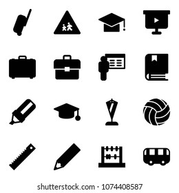 Solid vector icon set - suitcase vector, children road sign, graduate hat, presentation board, case, portfolio, book, highlight marker, pennant, volleyball, ruler, pencil, abacus, toy bus
