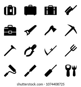Solid vector icon set - suitcase vector, case, saw, axe, mason hammer, side cutters, scythe, farm fork, paint roller, rasp, awl, shovel toy