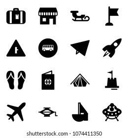 Solid vector icon set - suitcase vector, duty free, sleigh, flag, intersection road sign, bus, paper fly, rocket, flip flops, passport, tent, sand castle, plane, jack, sailboat toy, ufo