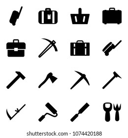 Solid vector icon set - suitcase vector, basket, case, portfolio, job, hammer, axe, mason, scythe, paint roller, rasp, shovel fork toy