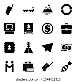 Solid vector icon set - suitcase vector, baggage truck, mountains, exchange, atm, annual report, dollar, portfolio, contact book, paper fly, money, agreement, sea hotel, dart