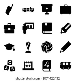 Solid vector icon set - suitcase vector, airport bus, presentation board, case, portfolio, book, highlight marker, graduate hat, pennant, volleyball, pencil, abc cube, abacus, toy