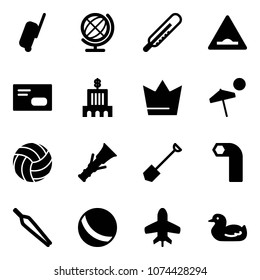 Solid vector icon set - suitcase vector, globe, thermometer, artificial unevenness road sign, envelope, bank building, crown, beach, volleyball, dowel, shovel, allen key, forceps, ball, toy plane