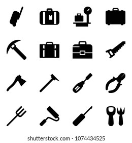 Solid vector icon set - suitcase vector, baggage scales, case, rock axe, saw, mason hammer, chisel, side cutters, farm fork, paint roller, awl, shovel toy