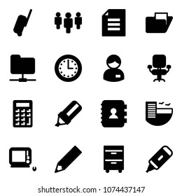 Solid vector icon set - suitcase vector, group, document, folder, network, time, manager, office chair, calculator, highlight marker, contact book, hotel, monoblock pc, pencil, tool cabinet