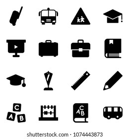 Solid vector icon set - suitcase vector, airport bus, children road sign, graduate hat, presentation board, case, portfolio, book, pennant, ruler, pencil, abc cube, abacus, toy