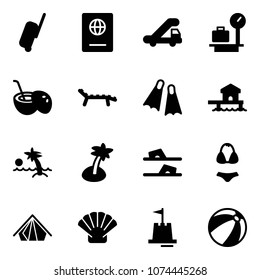 Solid vector icon set - suitcase vector, passport, trap truck, baggage scales, coconut cocktail, lounger, flippers, bungalow, palm, flip flops, swimsuit, tent, shell, sand castle, beach ball