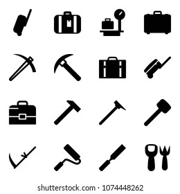 Solid vector icon set - suitcase vector, baggage scales, case, job, rock axe, hammer, mason, rubber, scythe, paint roller, rasp, shovel fork toy