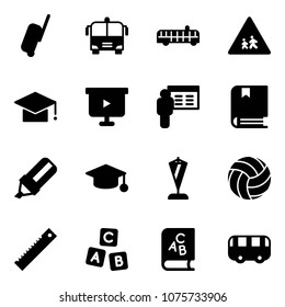 Solid vector icon set - suitcase vector, airport bus, children road sign, graduate hat, presentation board, book, highlight marker, pennant, volleyball, ruler, abc cube, toy