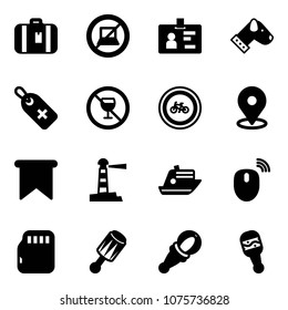 Solid vector icon set - suitcase vector, no computer sign, identity, dog, medical label, alcohol, bike road, map pin, flag, lighthouse, cruiser, mouse wireless, micro flash card, beanbag