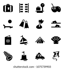 Solid vector icon set - suitcase vector, plane seats, baggage scales, coconut cocktail, lounger, flippers, palm, flip flops, passport, sail boat, tent, shell, sand castle, car, kite