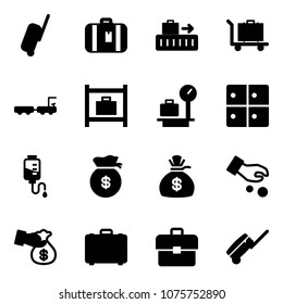 Solid vector icon set - suitcase vector, baggage, truck, room, scales, drop counter, money bag, investment, encashment, case, portfolio