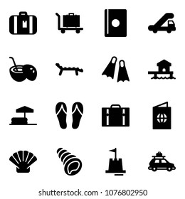 Solid vector icon set - suitcase vector, baggage, passport, trap truck, coconut cocktail, lounger, flippers, bungalow, inflatable pool, flip flops, shell, sand castle, car