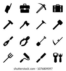 Solid vector icon set - suitcase vector, portfolio, job, hammer, axe, mason, rubber, chisel, side cutters, shovel, scythe, farm fork, paint roller, rasp, toy