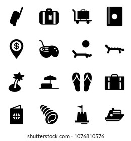 Solid vector icon set - suitcase vector, baggage, passport, dollar pin, coconut cocktail, lounger, palm, inflatable pool, flip flops, shell, sand castle, cruiser