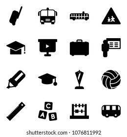 Solid vector icon set - suitcase vector, airport bus, children road sign, graduate hat, presentation board, case, highlight marker, pennant, volleyball, ruler, abc cube, abacus, toy