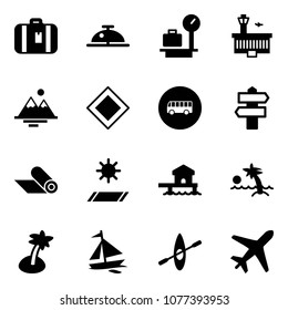 Solid vector icon set - suitcase vector, client bell, baggage scales, airport building, mountains, main road sign, bus, signpost, mat, bungalow, palm, sail boat, kayak, plane