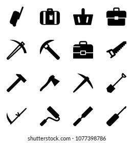 Solid vector icon set - suitcase vector, basket, portfolio, job, rock axe, case, saw, hammer, shovel, scythe, paint roller, rasp, awl