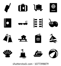 Solid vector icon set - suitcase vector, baggage, passport, truck, plane seats, coconut cocktail, flippers, bungalow, sail boat, shell, sand castle, cruiser, beach ball