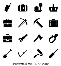 Solid vector icon set - suitcase vector, baggage scales, basket, portfolio, job, rock axe, case, saw, side cutters, shovel, scythe, paint roller, awl