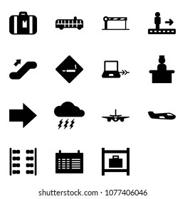 Solid vector icon set - suitcase vector, airport bus, barrier, travolator, escalator up, smoking area sign, notebook connect, recieptionist, right arrow, storm, plane, small, seats, schedule